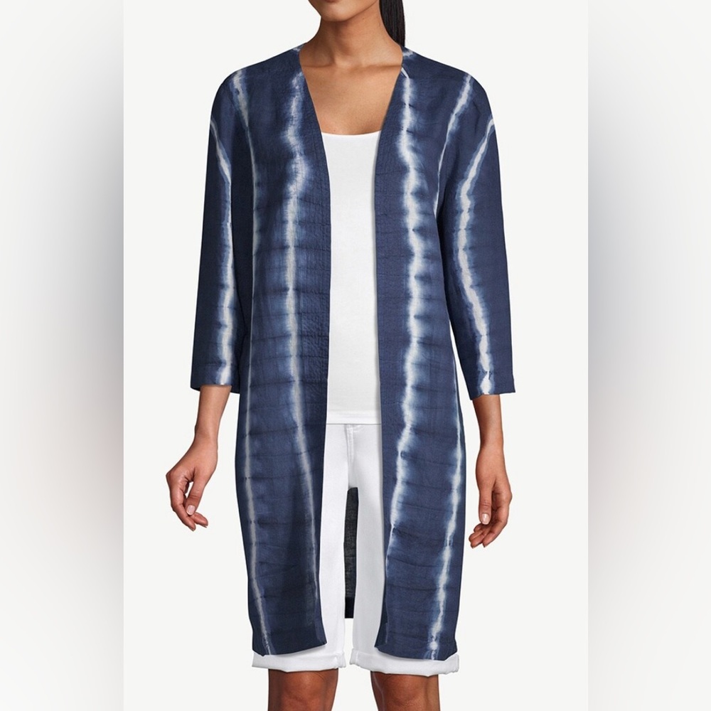 Chicos Open Kimono Duster 100% Linen Shibori Indigo Size 2‎ (Medium) Tie Dye